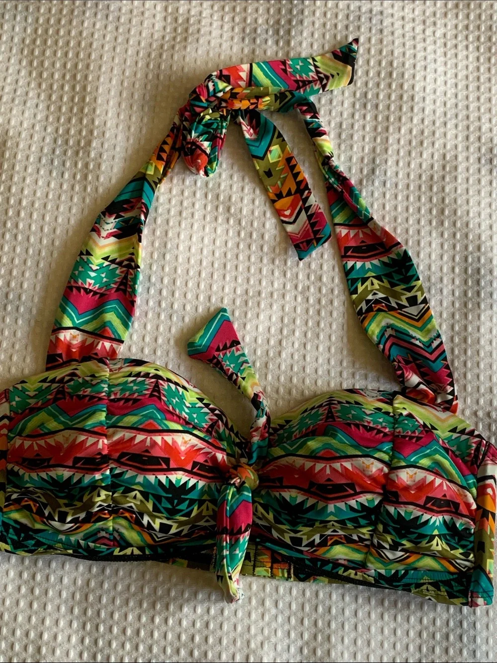 Janzteen Tulum Vibrant Aztec Multicolored Tie Front Halter Bikini Top size 8